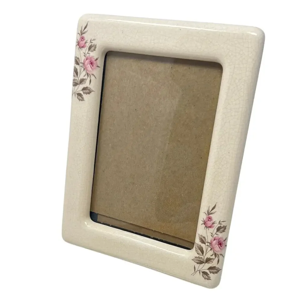 Vintage Cream Porcelain Photo Picture Frame Pink Roses Floral Cottagecore 5x7